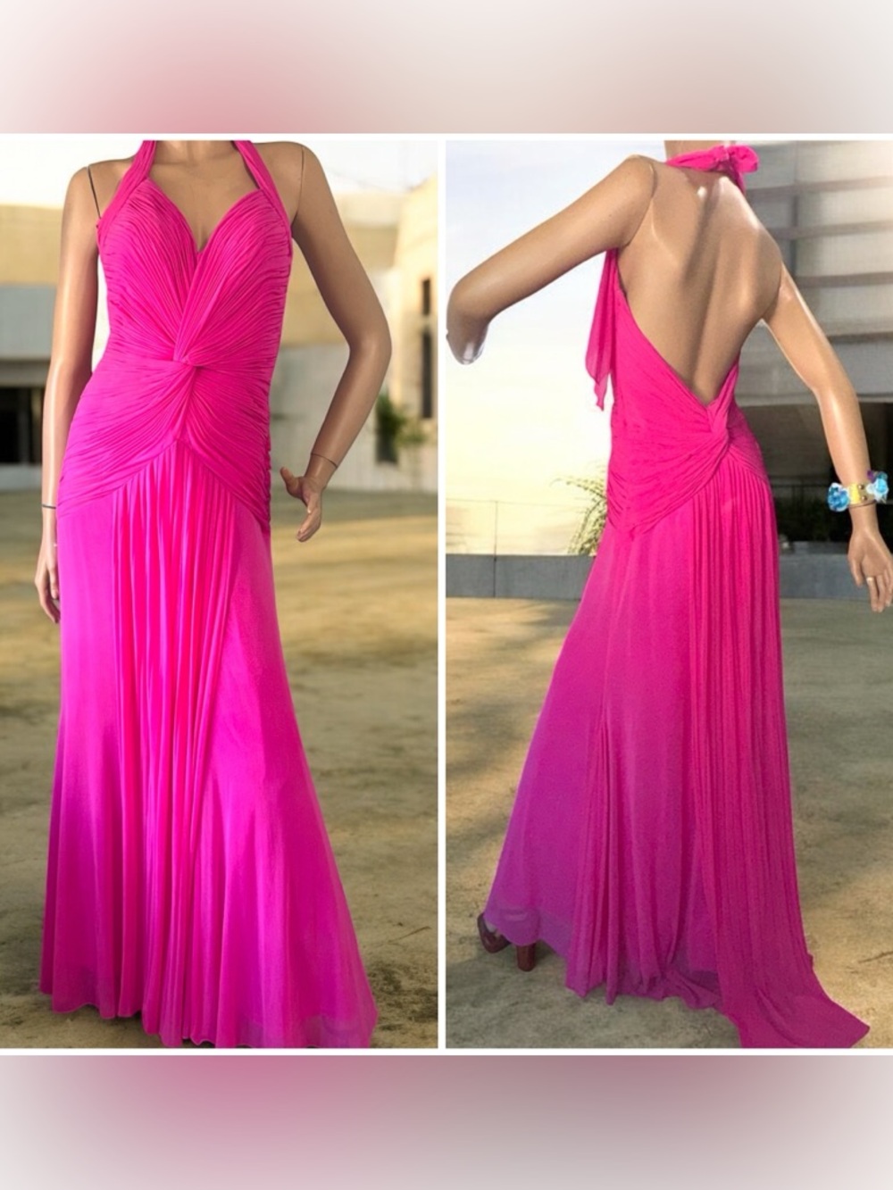 Sue Wong Grecian gauze Halter Backless Maxi Dress train nocturne